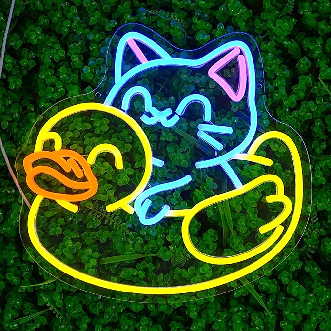 Cat Neon Sign for Wall Decor Duck Neon Light Animal LED Neon Sign USB Powered LED Neon Light for Bedroom Zoo Pet Shop Cat House Decoration(13.5"*12.9")