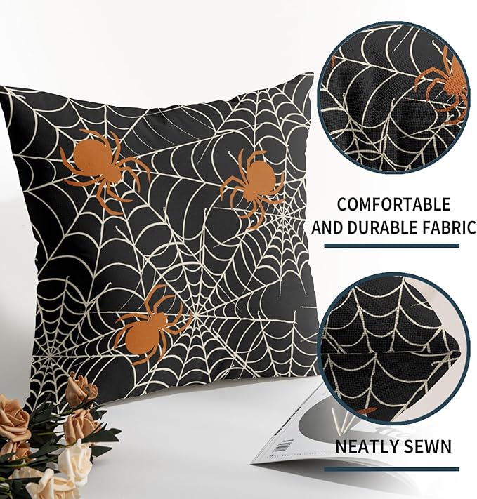 Halloween Spiderweb Pillow Covers 20x20 Set of 2 Black White Spider Web Orange Spider Outdoor Decorative Throw Pillows Scary Farmhouse Pillowcases Linen Cushion Case Decor for Home Sofa Couch Bed