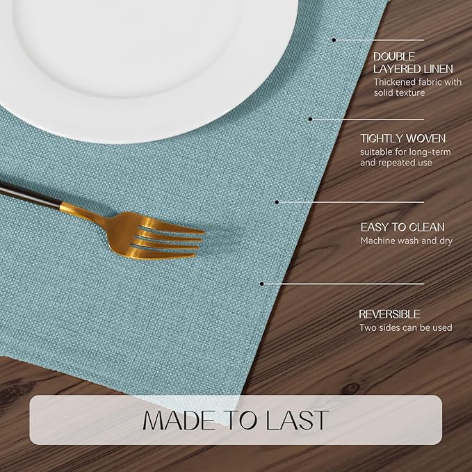 Romanstile Cloth Placemats Set of 8-12 x 18 Inch, Heat Resistant Double Layered Thickened Burlap Place Mats, Washable Linen Farmhouse Table Mats for Kitchen/Dining/Party/Outdoor, Teal