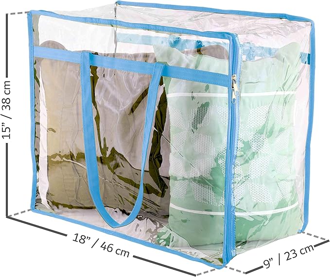 Clear Vinyl Zippered Storage Bags (3-Pack) 40L Sturdy Storage Bags for Sweaters, Blankets, Comforters, Bedding Sets and Much More! (Light Blue, 18x15x9)
