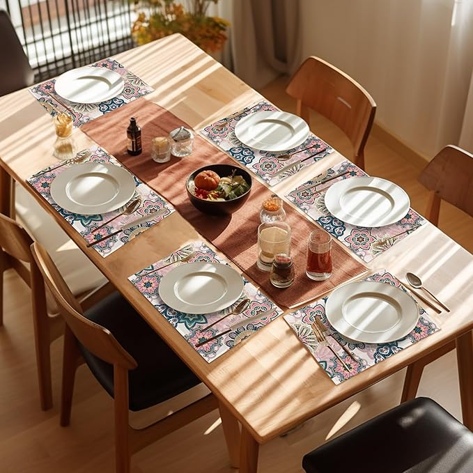 Spring Summer Floral Placemats Set of 6,Washable Heat Resistant 12×18 Inch Linen Table Mats Blooming Flowers Mandala Place Mats for Party Outdoor Dining