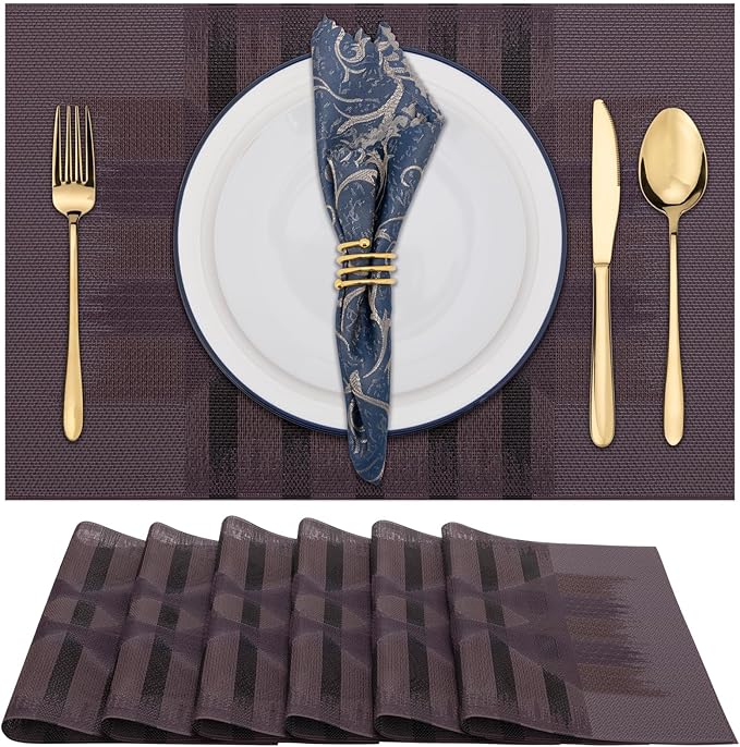 Winknowl Placemats Set of 6, Heat Resistant Stain Resistant Woven Vinyl Insulation Place mats, Durable Washable Elegant Table Mats for Kitchen Dining Table Decor (Geometric Purple)