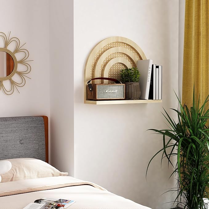 Rattan Wall Arched Shelf - Boho Nursery Decor, Woven Natural Wood Wicker, 15''L Neutral Handcrafted, Rainbow Decorative for Living Room, Bedroom & Bathroom