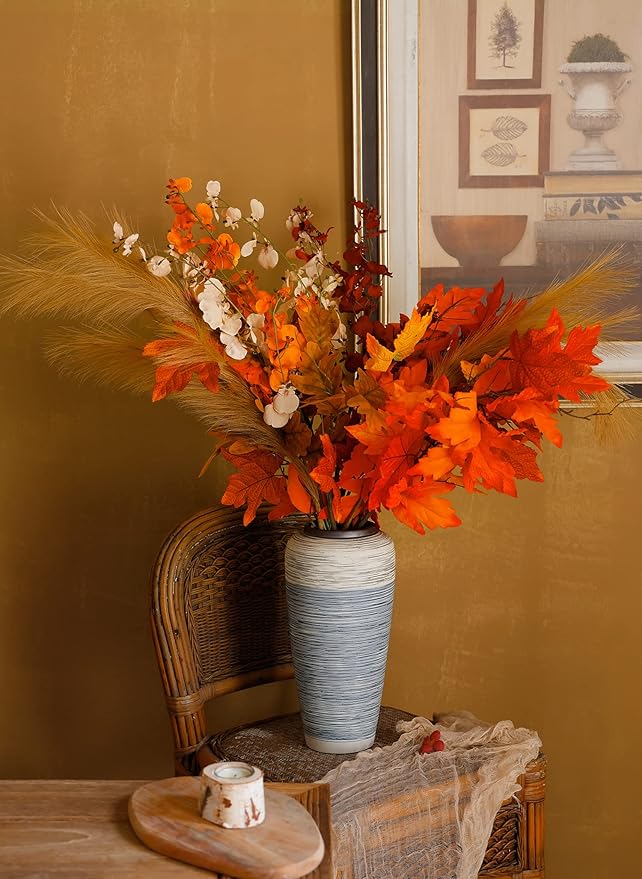 MISSPIN Thanksgiving Decorations - 9Pcs Fall Decor Artificial Flowers Orchid Maple Leaves Stems Set Fall Stems Faux Reed Maple Leaves for Wedding Bouquet Table Centerpieces Autumn