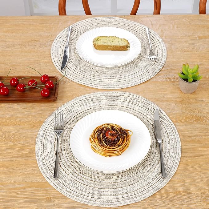 SHACOS Round Braided Placemats Set of 4 Washable Table Placemats Cotton Polyester Place Mats 15 inch Circle Table Mats for Holiday Party (Ivory, 4)