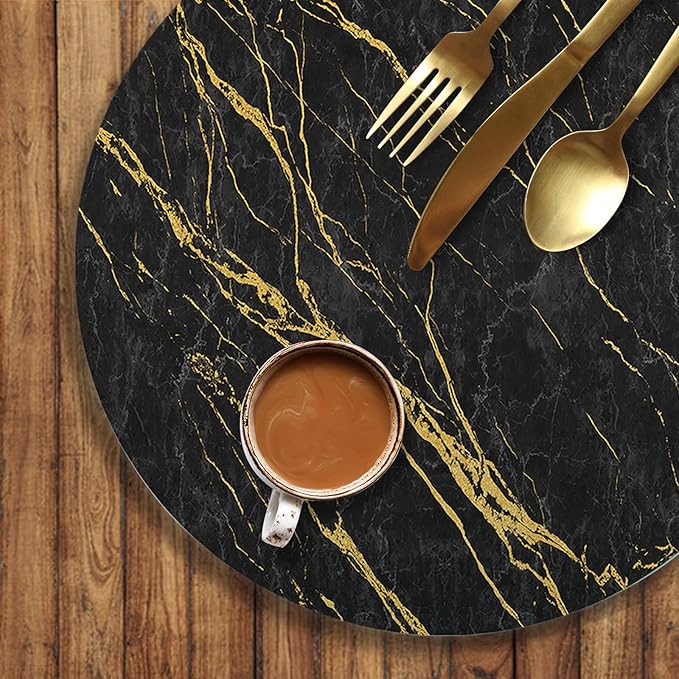 Round Leather Placemats Set of 4 PU Waterproof Non-Slip Washable Heat Resistant Place Mat for Kitchen Dining Table - Black Marble Gold Line
