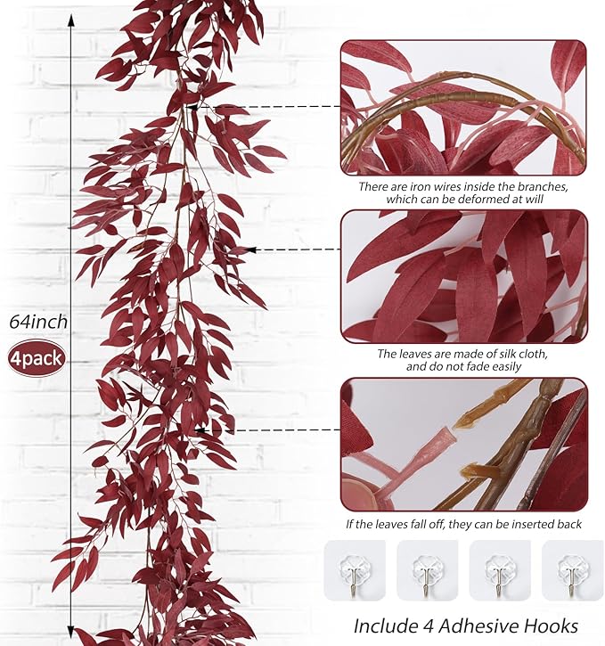 Fake Hanging Willow Leaves Vines 4Pcs 5.7Ft Artificial Willows Vine Twigs Silk Leaf Ivy Faux Greenery Fall Garland Indoor Outdoor Valentines Day Wedding Birthday Thanksgiving Party Decor(Burgundy)