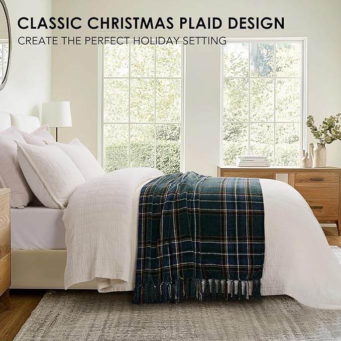 EVERGRACE Stewart Green Christmas Plaid Chenille Throw Blanket for Couch, Super Soft Cozy Tartan Checkered Throw Blanket with Tassels, Lightweight Plush Chenille Throw for Christmas Decor, 60"x80"