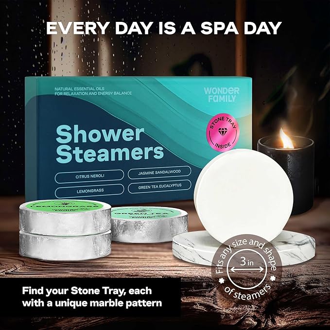 Vapor Shower Tablets with Stone Tray - 8 Pack Bath Bombs for Women Relaxing Bulk - Blue Shower Steamers Aromatherapy Bathbombs for Adults - Spa Gifts for Women & Men - Shower Steamers Gift Set