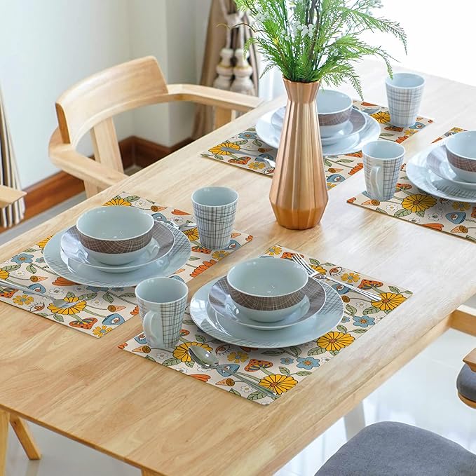 Retro Boho Floral Placemats Set of 4 70s Vintage Cute Abstract Mushrooms Fun Linen Washable Kitchen Dining Table Mats Stain Heat-Resistant Desktop Decor Place Mats for Home Party Dinner 12x18 in