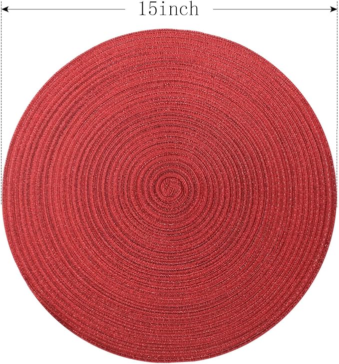 FunWheat Round Placemats Set of 6 Table Mats for Dining Tables Washable Non-Slip Place mats 15 Inch for Christmas(Red Shine)