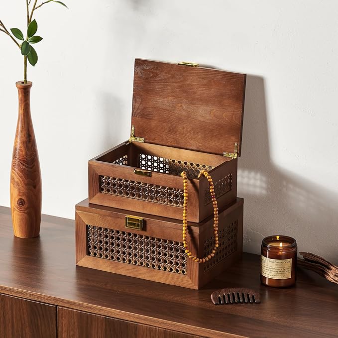 Decorative Rattan Storage Boxes Solid Wood Woven Baskets Bins with Lid Keepsake Memory Jewelry Box Natural Boho Shelf Wicker Closet Desk Organizer Container (Walnut Color, Large Size)