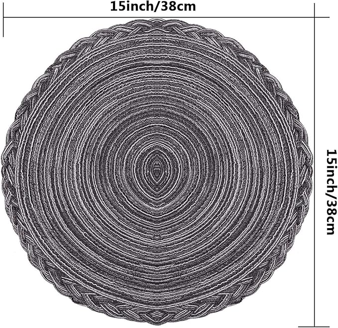 Round Cotton Placemats - Indoor and Outdoor Table Mats for Dining Tables, 15 inch (Gray and Black, Set of 4)