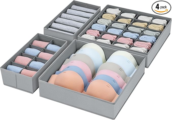 Drawer Organizer Clothes - Foldable Underwear Organizer and Sock Organizer, Bra organizer Fabric Dresser Drawer Organizer Divider for Socks, Bra, Underwear, Tie, 4 Pack, Grey