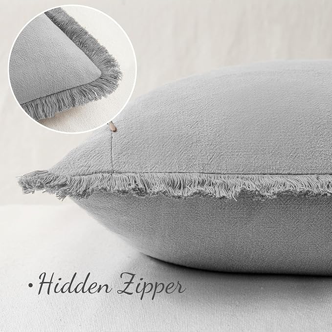 MIULEE Decorative Throw Pillow Covers Neutral Linen Fringe Throw Pillows Euro Shams Set of 2 Light Grey Boho Farmhouse Cushion Covers for Couch Sofa Bed Living Room Spring Home Decor 24x24 Inch