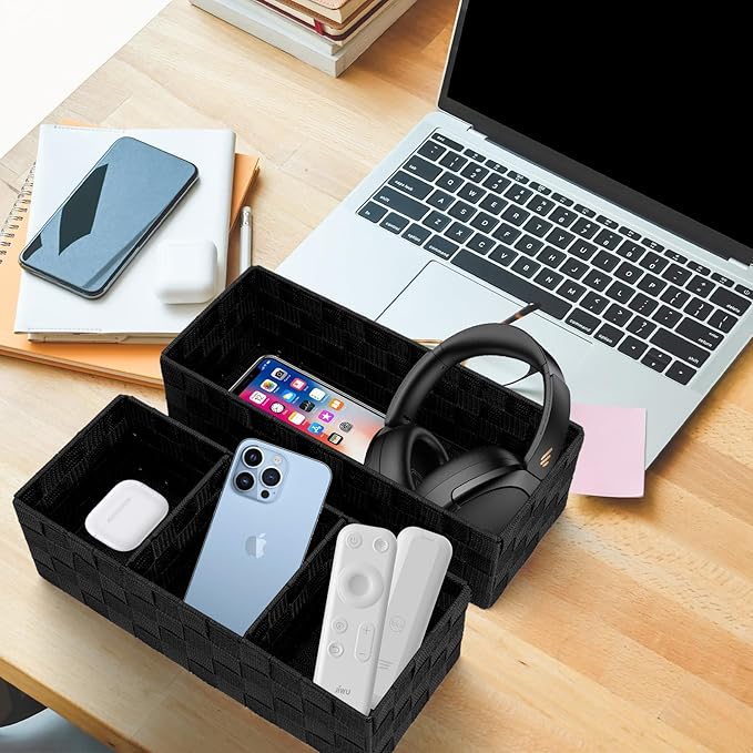 Drawer Organizer, Cube Baskets for Storage Shelves, Handmade Small Woven Basket, Shallow Storage Bins for Organizing Desk, Dresser, Kitchen, Pantry, Nested 7 Pack, Black