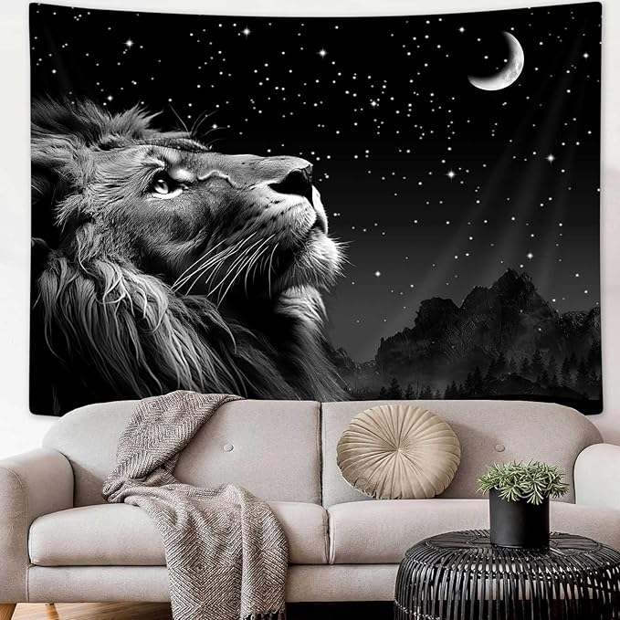 Boziqr Cool Lion Wall Hanging, Space Stars Moon Wall Art for Men, Aesthetic Black Wall Hanging for Bedroom, Living Room, Dorm Room Decor - 60x40 Inches