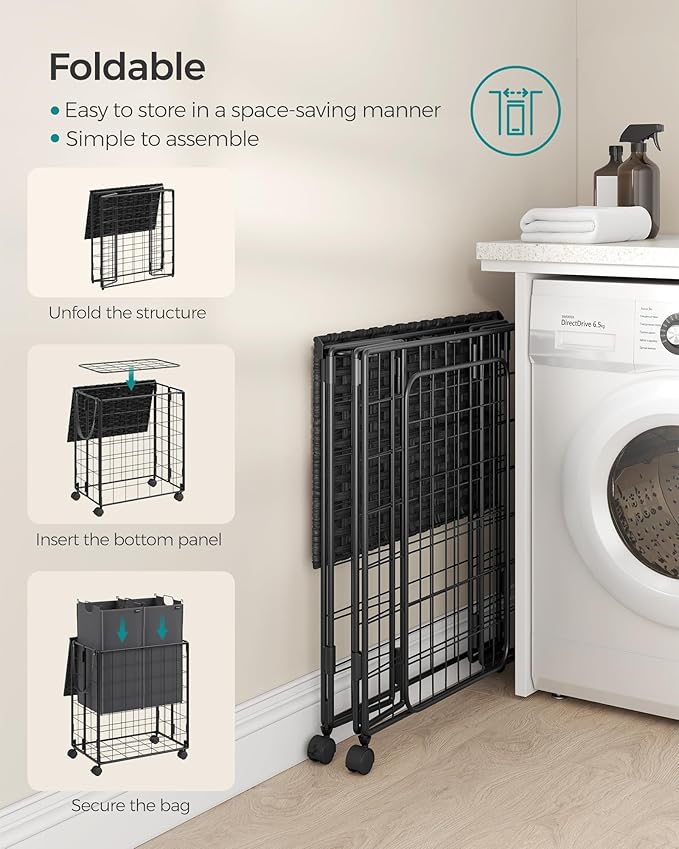 SONGMICS Laundry Hamper, 110L Laundry Basket with Lid, Clothes Hamper with Wheels, Collapsible Removable Liner Bag, Iron-Made Laundry Sorter, Ink Black and Slate Gray ULCB211B11