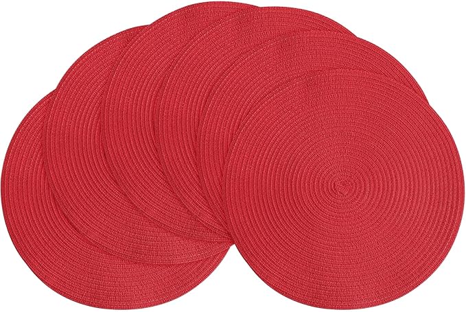 Floroom 15 Inch Round Braided Placemats Set of 6, Washable Heat Resistant Cotton Polyester Circle Place Mats for Kitchen Dining Table - Red