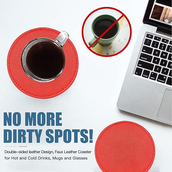 Coasters Set of 6 Soft Leather Drink Coaster Round Coaster with Sewing Around, Suitable for Various Cups, Wooden Tables,Home Decoration,4 Inches(Bright Red)