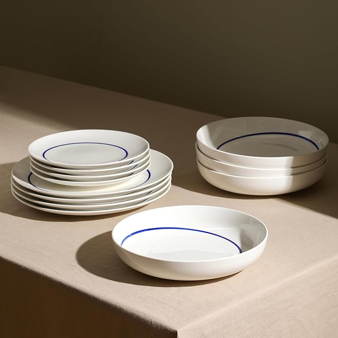 Stone Lain Luna 24-Piece Porcelain Dinnerware Set, Plates and Bowls Set, Dish Set for 8, Blue
