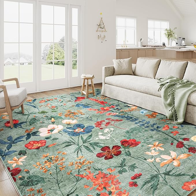 Green Area Rug 8x10 Floral Washable Living Room Kitchen Boho Carpet Non Slip Low Pile Indoor Accent Lightweight Soft Throw Rug for Bedroom Office Dining Room Nursery Farmhouse