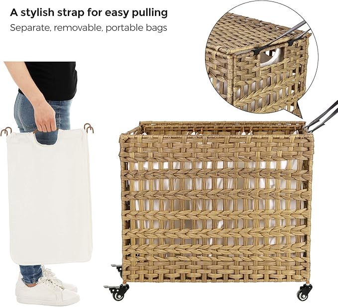 SONGMICS Laundry Hamper with Lid, 140L Synthetic Rattan Laundry Basket with Wheels, Clothes Hamper with 3 Removable Liner Bags, 3-Section Hampers with Handles, Laundry Room, Natural ULCB083N01