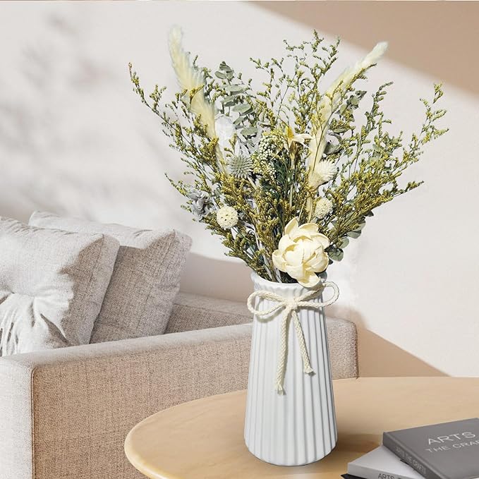 White Ceramic Flower Vase, 8'' Modern Minimalist Decorative Vases for Bouquet, Boho Vases for Pampas Grass Home Office Farmhouse Decor Bedroom Living Room Wedding Table Decorations