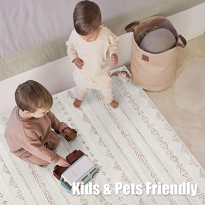 Deerly Area Rug 6x9 Machine Washable Rugs for Living Room, Moroccan Boho Farmhouse Area Rug with Non-Slip Backing, Neutral Low Pile Indoor Floor Carpet for Bedroom Dining Room, Light Brown