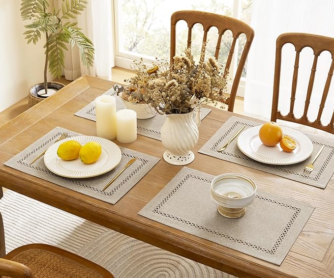 Burlap Placemats Set of 6, 12 x 18 Inch Rustic Geometric Hollow Place Mats, Heat Resistant Placemats for Farmhouse Kitchen Table Decor, Coffee 6PCS