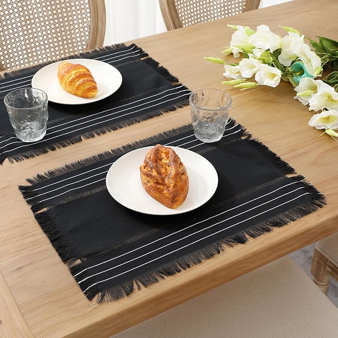 Chassic Rustic Placemats Set of 6, Washable Linen Cloth Place Mats, Woven Dinner Mats for Kitchen, Dining, Party, Wedding and Daily Table Decor - Black