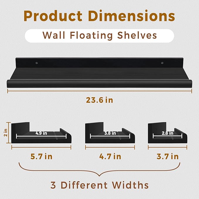 Annecy Floating Shelves Wall Mounted Set of 3, 23.6 Inch Black Rustic Wood Shelves, Storage Shelves with Guardrail Design for Bedroom, Bathroom, Kitchen, Office, 3 Different Sizes
