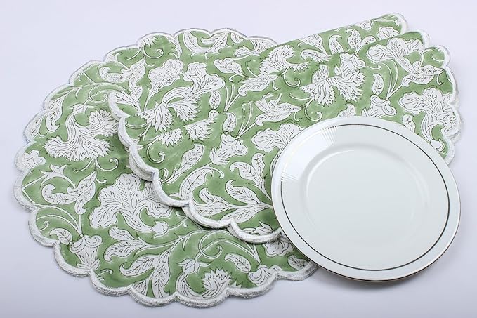 Ridhi Bo-ho Round Place Mat Double Layer Floral Cotton Washable Placemats 15" Round Embroidery Block Print Table Mat (Pack of 4-15 Inch Round, Sage Green)