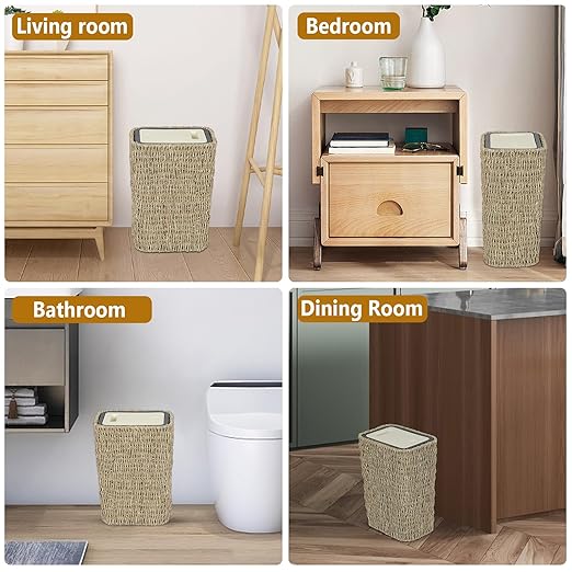 Boho Trash Can with Lid,3 Gallon Small Rattan Trash Can with Press Top Lid,Slim Wicker Waste Basket and Hamper 2 in 1 for Bathroom,Seagrass Woven Garbage Can Trash Basket for Bathroom,Kitchen