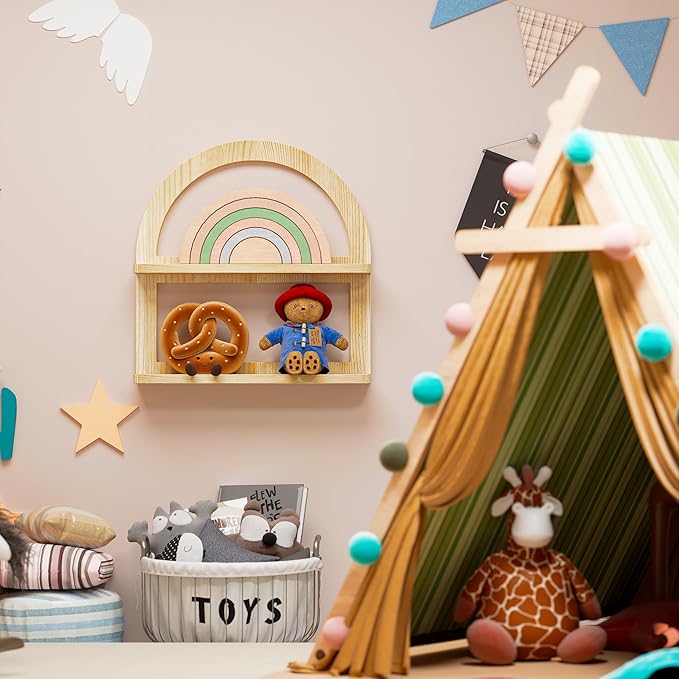 2 Tier Pine Wood Arched Wall Shelf - Fan-shaped Nursery Floating Shelf for Neutral Decor, Boho Storage Solution