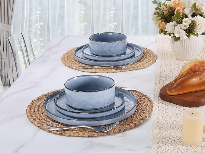 LIANYU 18 Pcs Dinnerware Sets for 6, Plates and Bowls Dinner Set, Stoneware Dish Tableware for Dessert Salad Pasta, Microwave & Dishwasher Safe, Serenity Blue