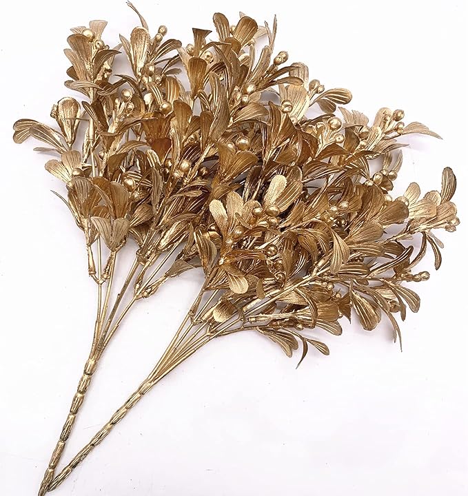 Christmas Artificial Flowers, Golden Leaves Branches Plants Fake Berry Plant Decor for Wedding Bridal Bouquet Party Indoor Outdoor DIY Home Table Centerpieces Arrangements Decoration - Gold 3 Pack