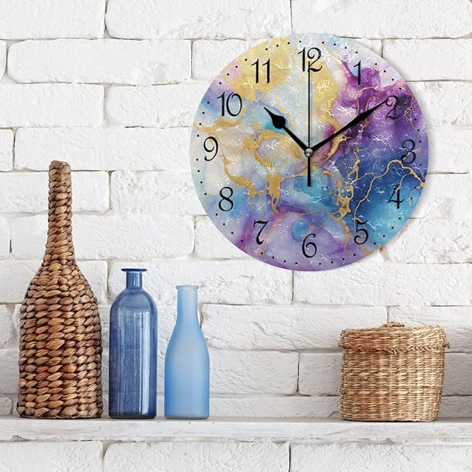 ALAZA Wall Clock Purple Blue Gold Marble Silent Non-Ticking Decorative Wall Clocks Battery Operated 10 Inch for Home Living Room Kitchen Bathroom Bedroom