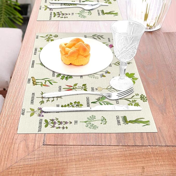 Cute Herbs Botanic Garden Plants Placemats Set of 4 Linen Washable Heat-Resistant Kitchen Table Mats for Dining Outdoor Spring Summer Holiday Home Decor 12x18 Inch