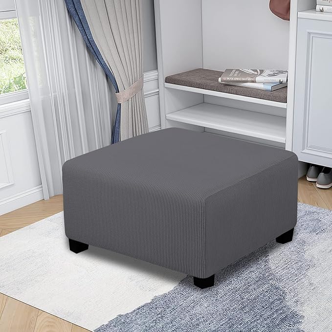 Easy-Going Stretch Square Ottoman Cover Folding Storage Stool Furniture Protector Soft Slipcover with Elastic Bottom (30x30x15inch, Grey)