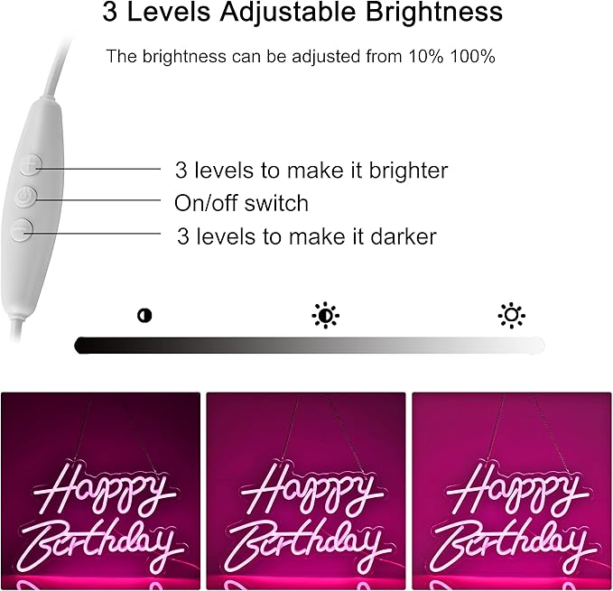 Happy Birthday Neon Sign for Wall Decor, with Dimmable Switch, Reusable Happy Birthday Neon Light Signs for All Birthday Party Decoration(17X12inches,Pink)