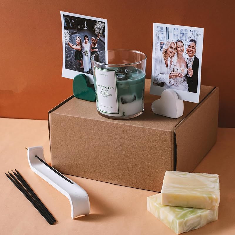 Matcha Latte Gift Set – Soy Wax Candle, Aloe Vera Soap, Ceramic Incense Holder, Heart-Shaped Photo Holders, and Incense Sticks – Perfect for Birthdays, Christmas, and Housewarming Gifts