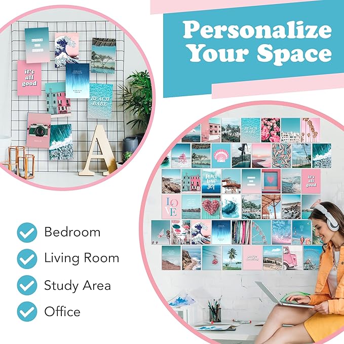 Artivo Blue Wall Collage Kit Aesthetic Pictures, 50 Set 4x6 inch, Pink VSCO Bedroom Decor for Teen Girls, Summer Beach Wall Art Print, Dorm Photo Collection, Small Posters for Room