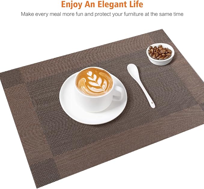 Placemats Set of 8,Washable,Heat and Stain Resistant Indoor/Outdoor Place mats, Vinyl Woven Non Slip Table Mats for Restaurant Table Protection, PVC Table Placemats.(Brown,8PCS)