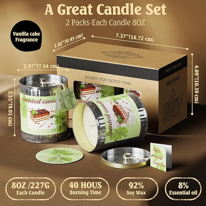 Vintage Scented Candles Gift Set (2 x 8 oz) - Vanilla Cake Aromatherapy Candle, Natural Soy Wax Candle, (2 x40) Hours Burn, 8% Fragrance Oil, Holiday Gifts for Home Decor, Relaxation & Christmas
