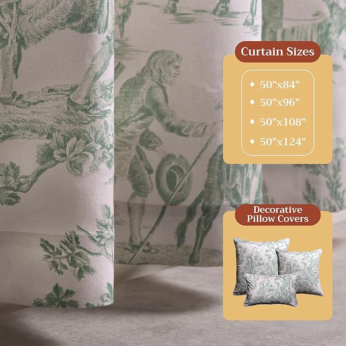 Maison d' Hermine Curtains for Living Room 100% Cotton 96 inch Length One Panel Light Filtering Toile Curtains for Bedroom Windows with Rod and Loop Pockets (The Miller Antique Green, 50" W x 96" L)