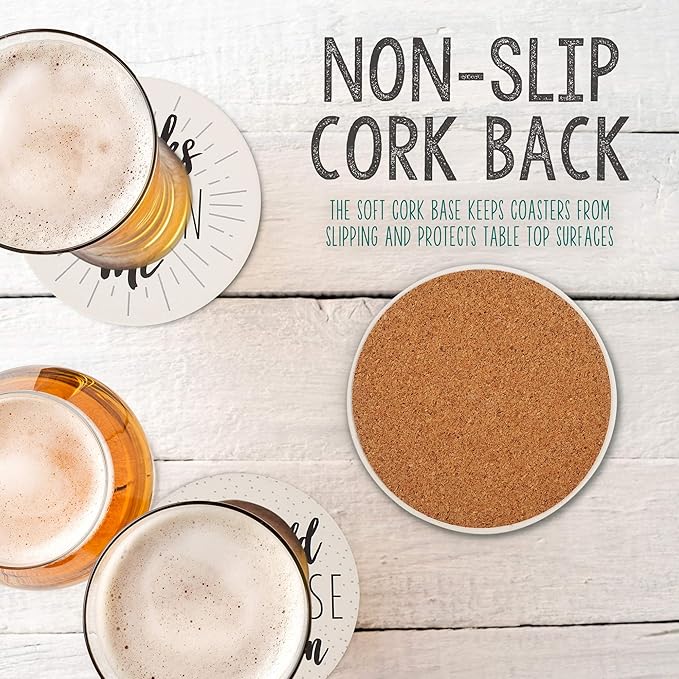 LotFancy 6PCS Ceramic Coasters with Cork Base, Round Coasters with 6 Humorous Sayings, Non-Slip, Bar Room Decor, Housewarming Gift