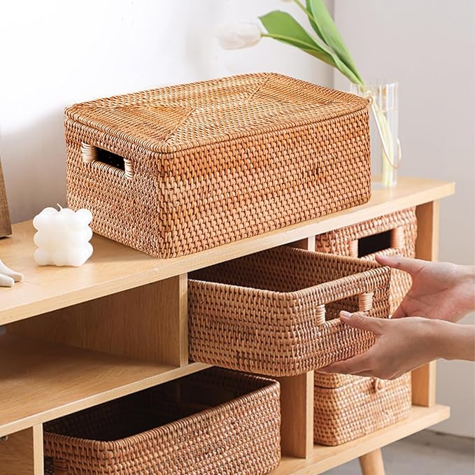 Rattan Basket With Lid, Large Lidded Basket For Storage(11.81" L×7.87"W×5.91"H)