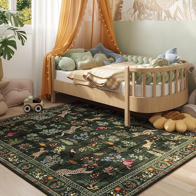 Living Room Rug 6x9 Rug Machine Washable Boho Area Rug Non Slip Floral Animal Vintage Low Pile Large Rug for Living Room, Bedroom, Farmhouse, Dining Room, Kids Playroom (Green)