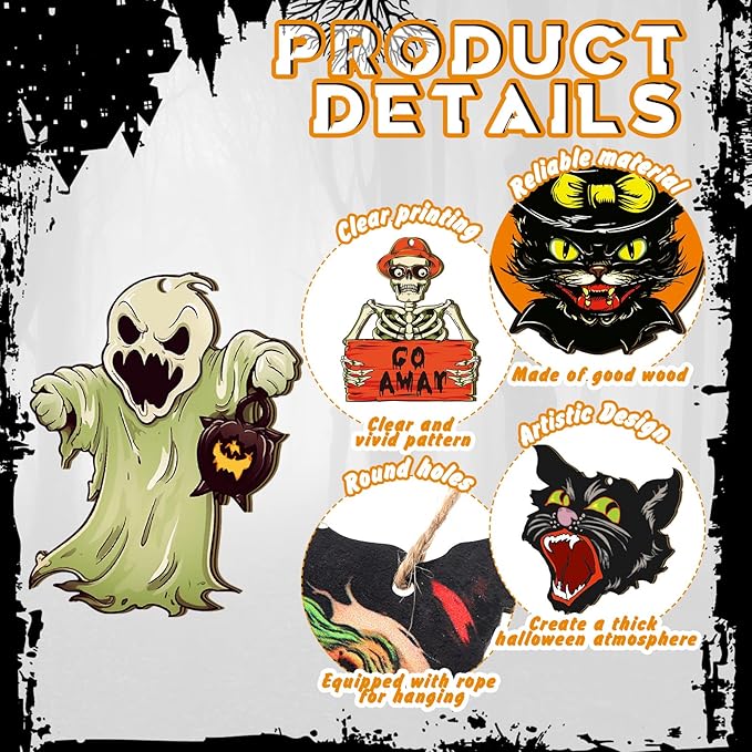 Huwena 36 Pcs Halloween Wood Ornament for Tree Vintage Ornaments Wooden Halloween Hanging Decorations Pumpkin Witch Black Cat Wood Cutouts with Ropes for Home Party Decor(Skeleton)